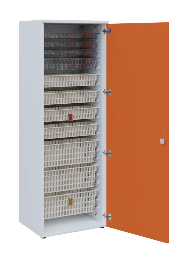 EUROMEDICA D - 66 skříň léková boxová, 1-dveřová, pravá, 1950x660x535, korpus bílý, dvířka mandarinka